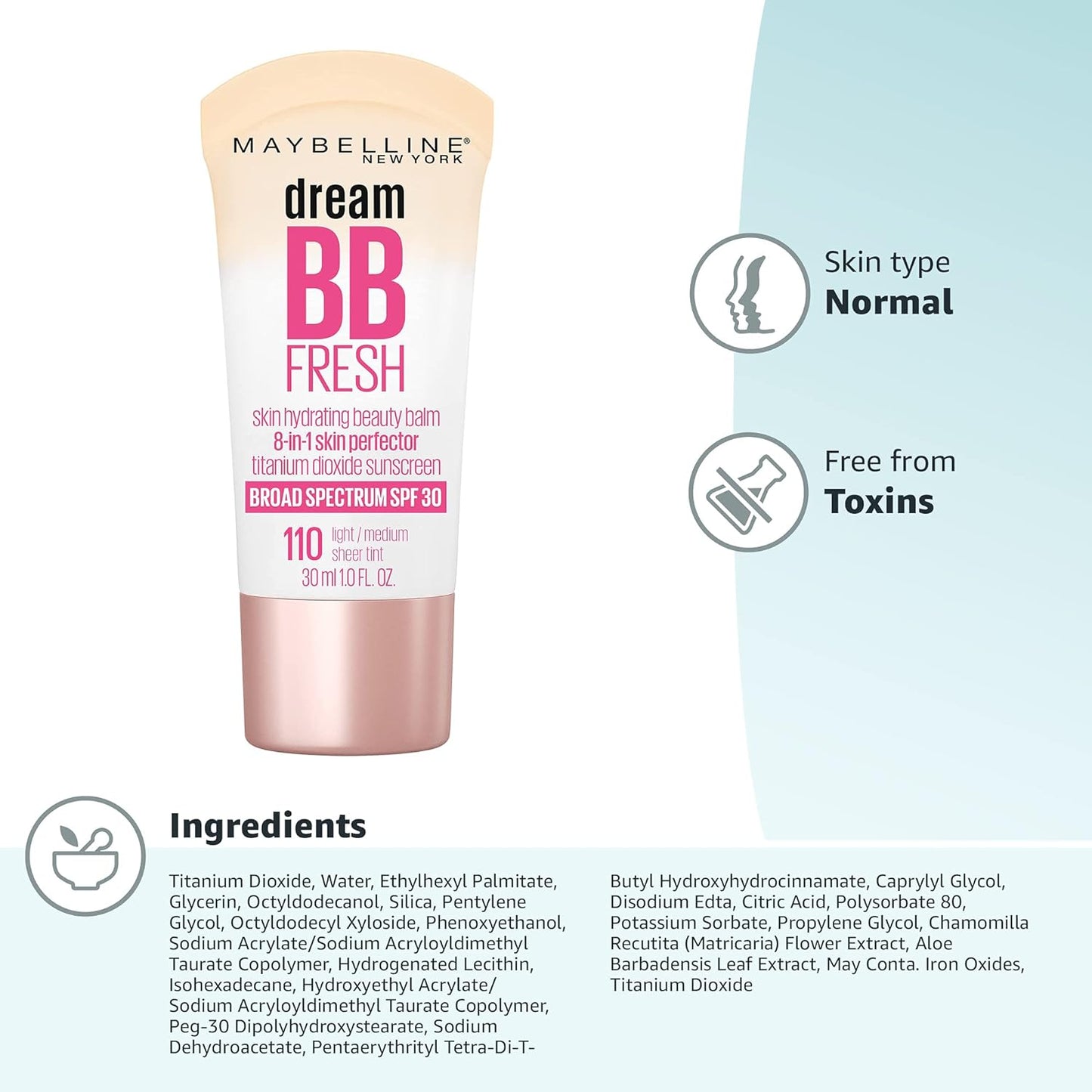 Maybelline Dream Fresh Skin Hydrating BB Cream, 8-In-1 Skin Perfecting Beauty Balm with Broad Spectrum SPF 30, Sheer Tint Coverage, Oil-Free, Light/Medium, 1 Fl Oz