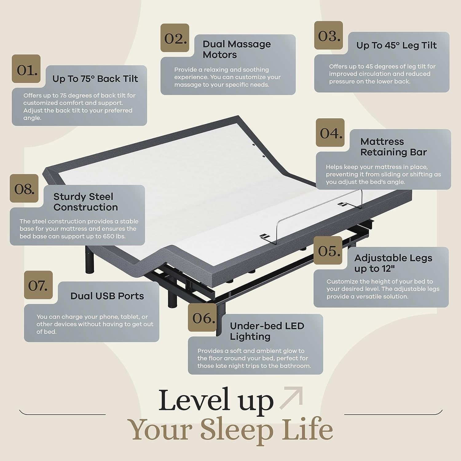 Sven & Son King Adjustable Bed Base Frame + 12” Luxury Cool Gel Memory Foam Mattress, Head up Foot Up, USB Ports, Zero Gravity, Interactive Dual Massage, Wireless, Classic (King)