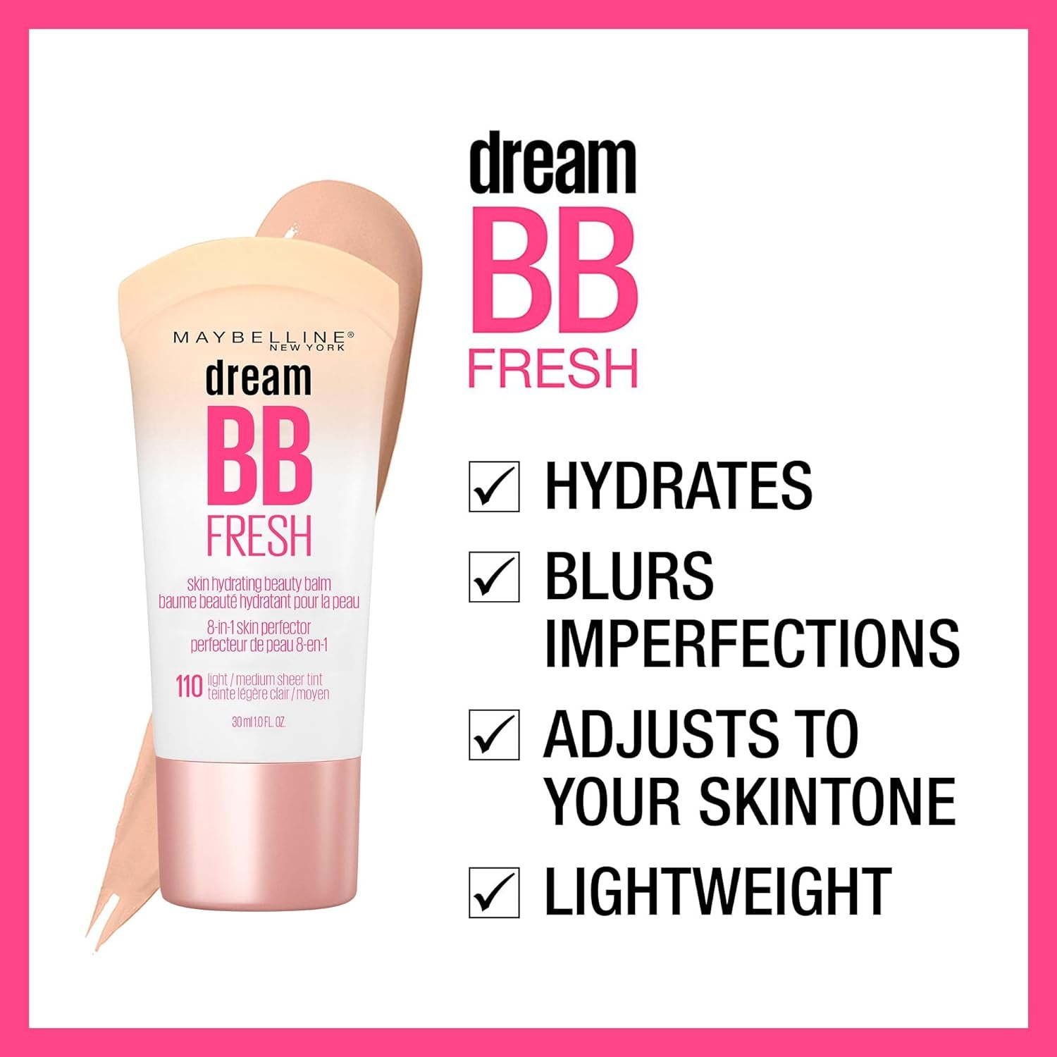 Maybelline Dream Fresh Skin Hydrating BB Cream, 8-In-1 Skin Perfecting Beauty Balm with Broad Spectrum SPF 30, Sheer Tint Coverage, Oil-Free, Light/Medium, 1 Fl Oz